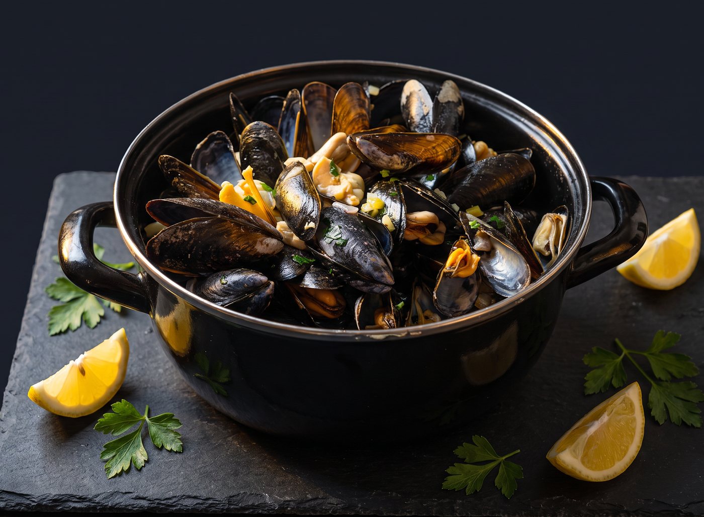 Cozze: Miesmuscheln in Weißweinsauce im schwarzen Topf