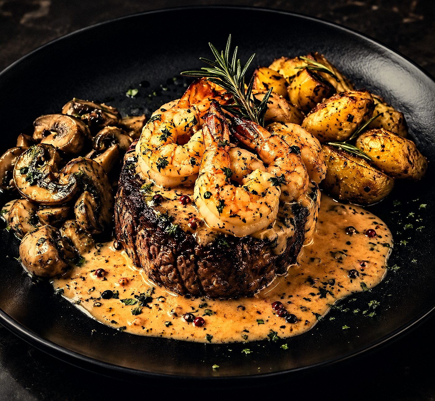 Rinderfilet mit Garnelen, Champignons und Rosmarinkartoffeln