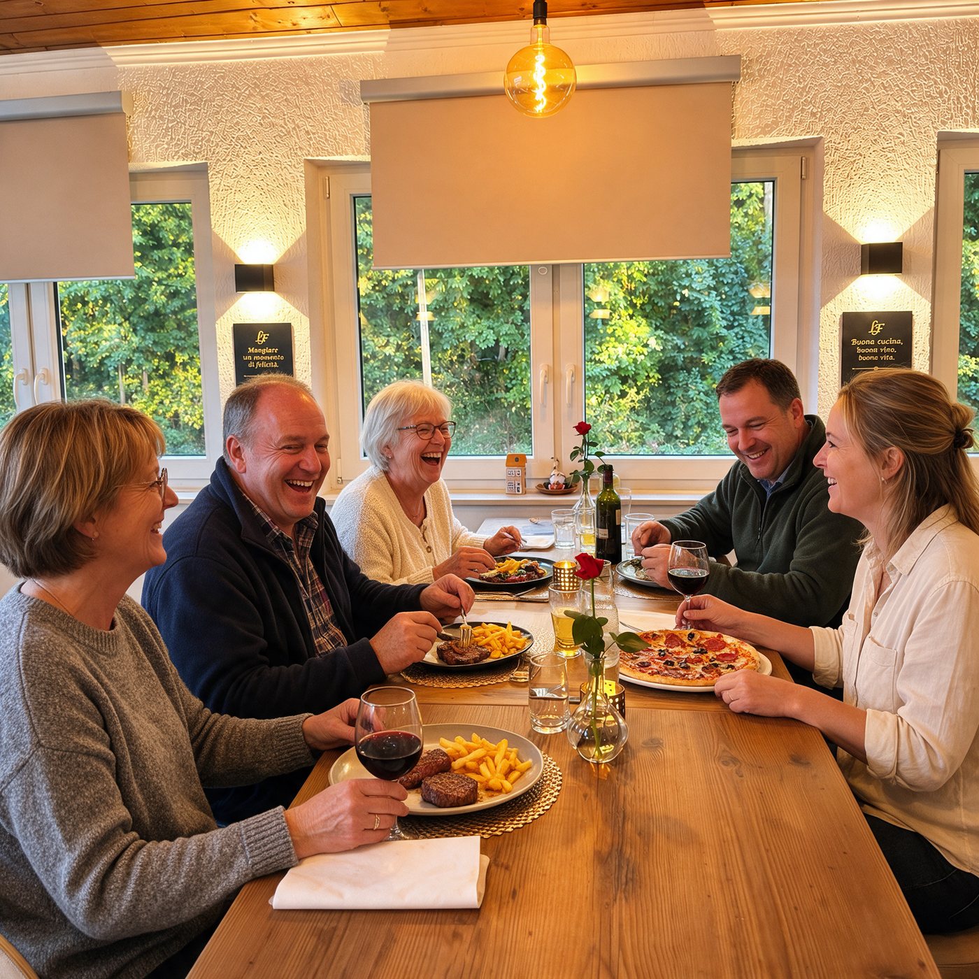 Gäste genießen Pizza, Steak und Wein im Gastraum des La Foresta