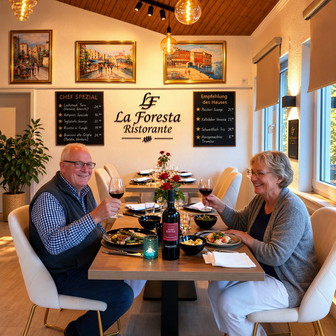 Paar stößt mit Rotwein an, im Hintergrund die La-Foresta-Wand mit Chef-Spezial-Tafel